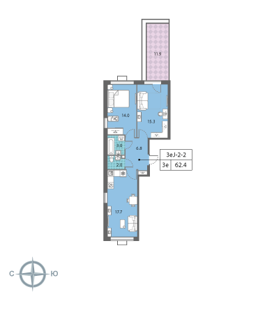 Двухкомнатная квартира 62.3 м²