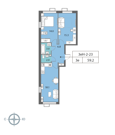 Двухкомнатная квартира 59.3 м²