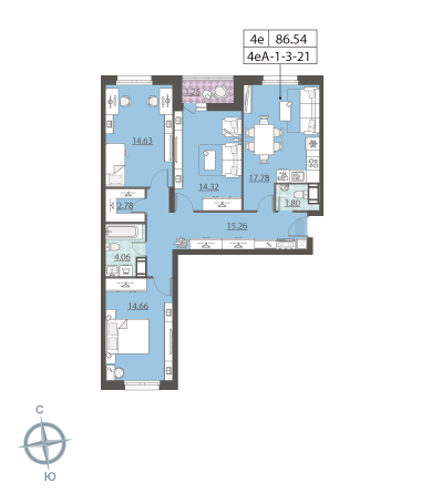 Трёхкомнатная квартира 86.4 м²